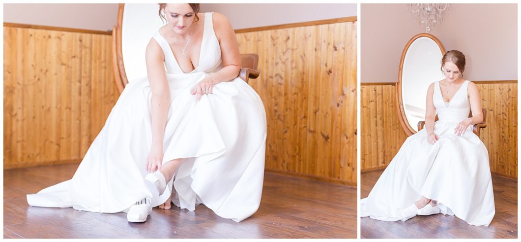 Bride putting on shoes 