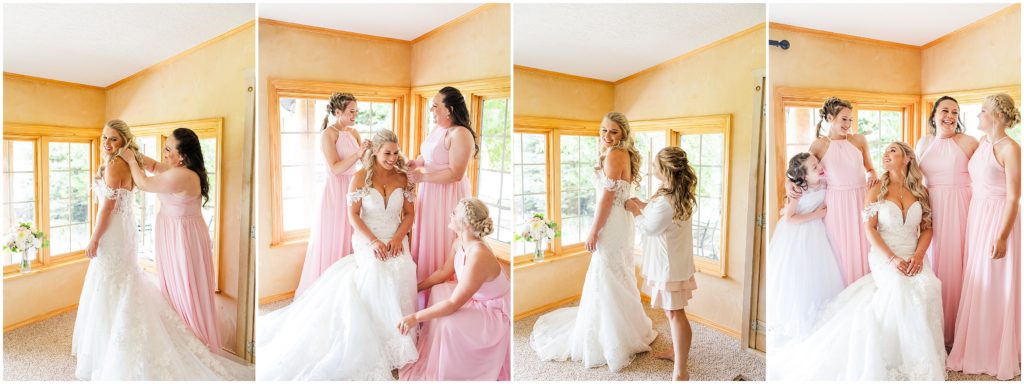 bridesmaids helping bride | Antler Ridge Wedding Bridal Suite