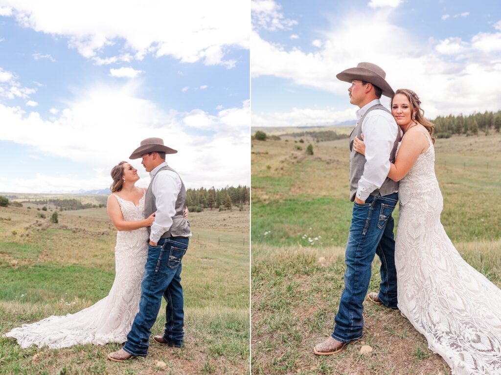Couple pose on their wedding day after first look with mountains as their backdrop 
