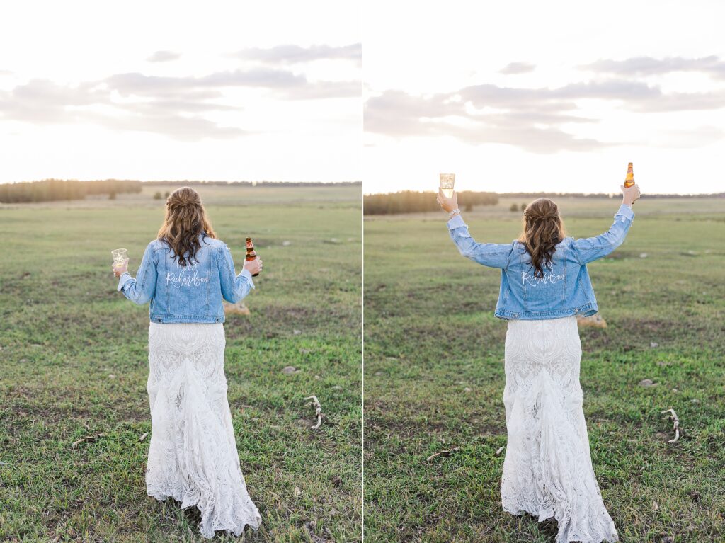 Bride holds up beer and glass 