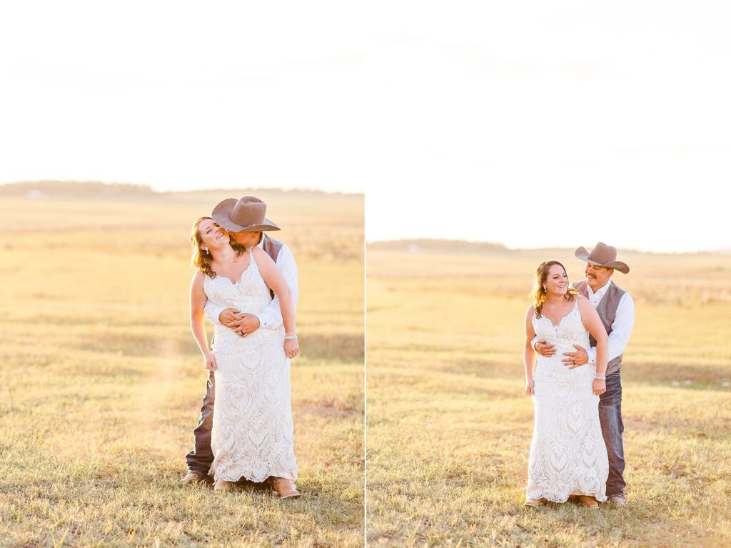Fun candid sunset portraits of bride and groom 