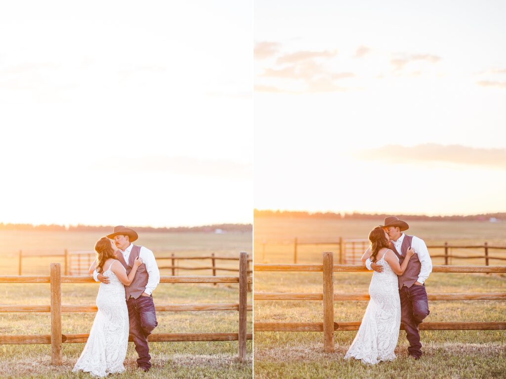 Private Ranch Wedding kissing on the fence 