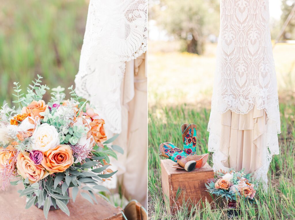 Fall floral bridal bouquet with lace western bridal gown | Private Ranch Wedding 