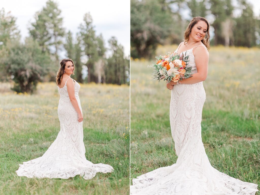Bride in field with bouquet