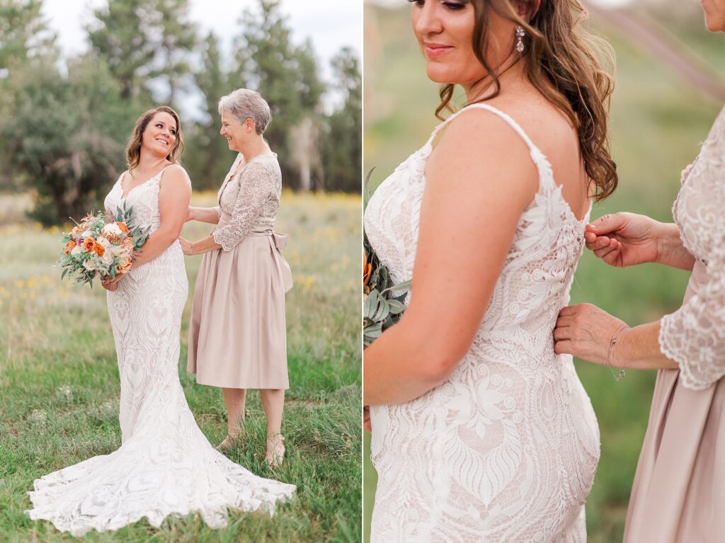Mom helping bride with dress | Private Ranch Wedding 
