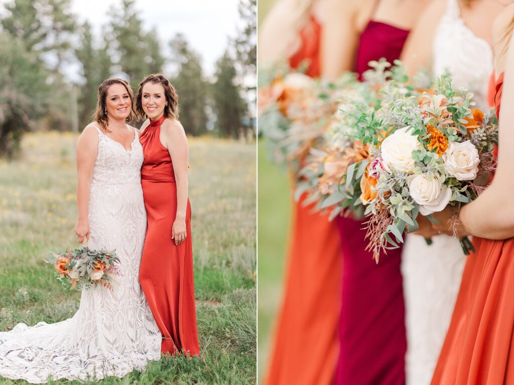 Bride with sister, vertical of bridesmaids bouquets