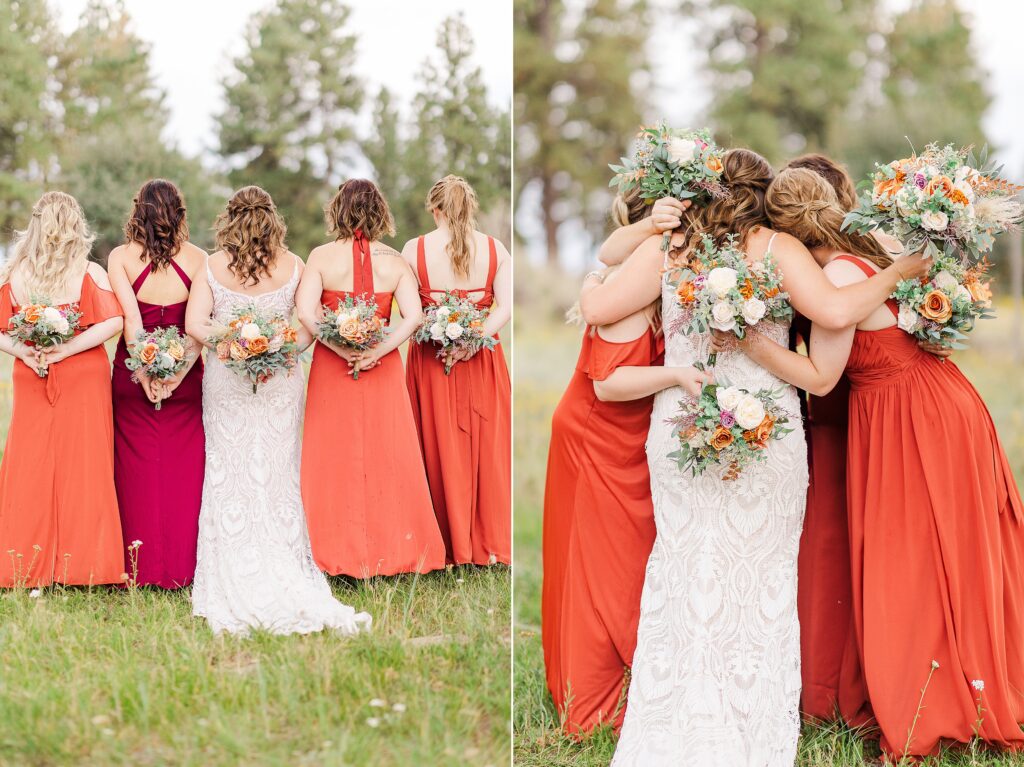 bridesmaids back and bridesmaids group hug 