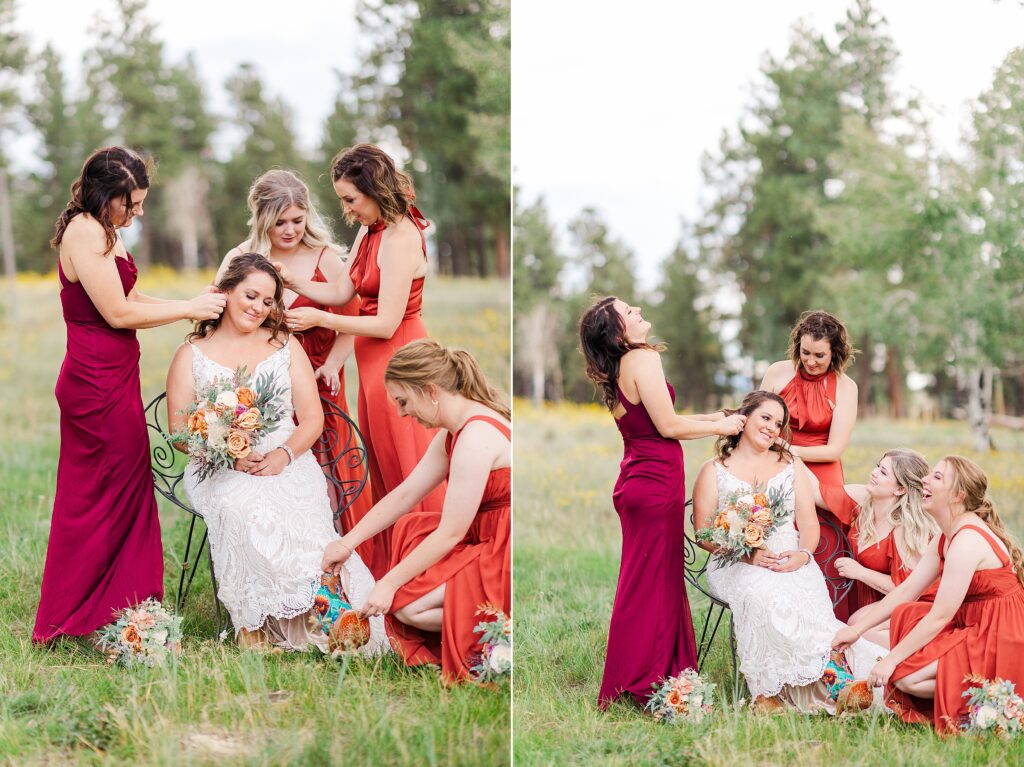 All hands on bridesmaids helping bride 
