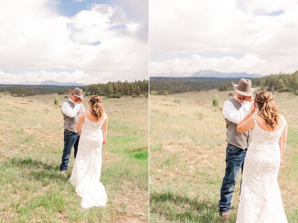 Colorado Photographer first look in the mountains at Private Ranch Wedding 