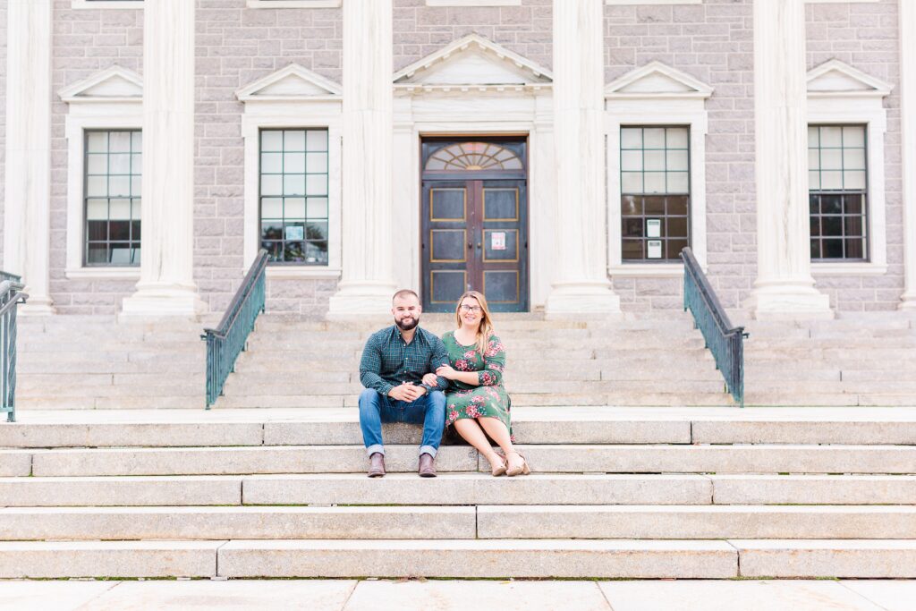 Sitting on stairs of the city building in Madison NJ | Madison NJ Photographer 