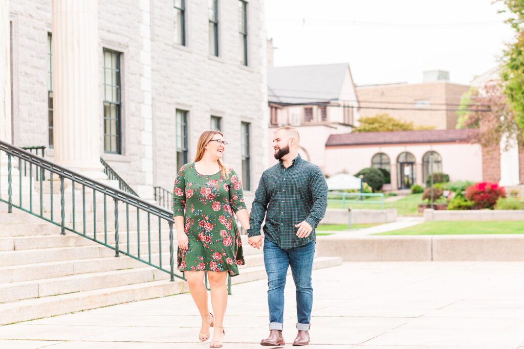 Walking in downtown NJ for engagement session 