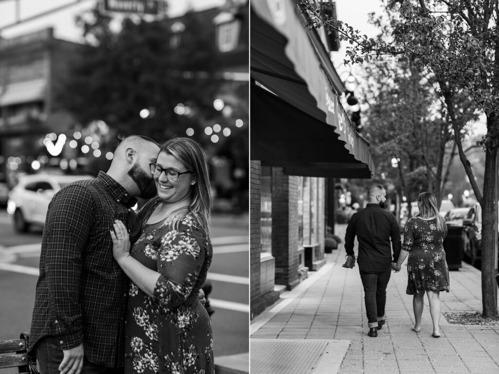 Walking downtown in Madison NJ- candid photos of engagement session 