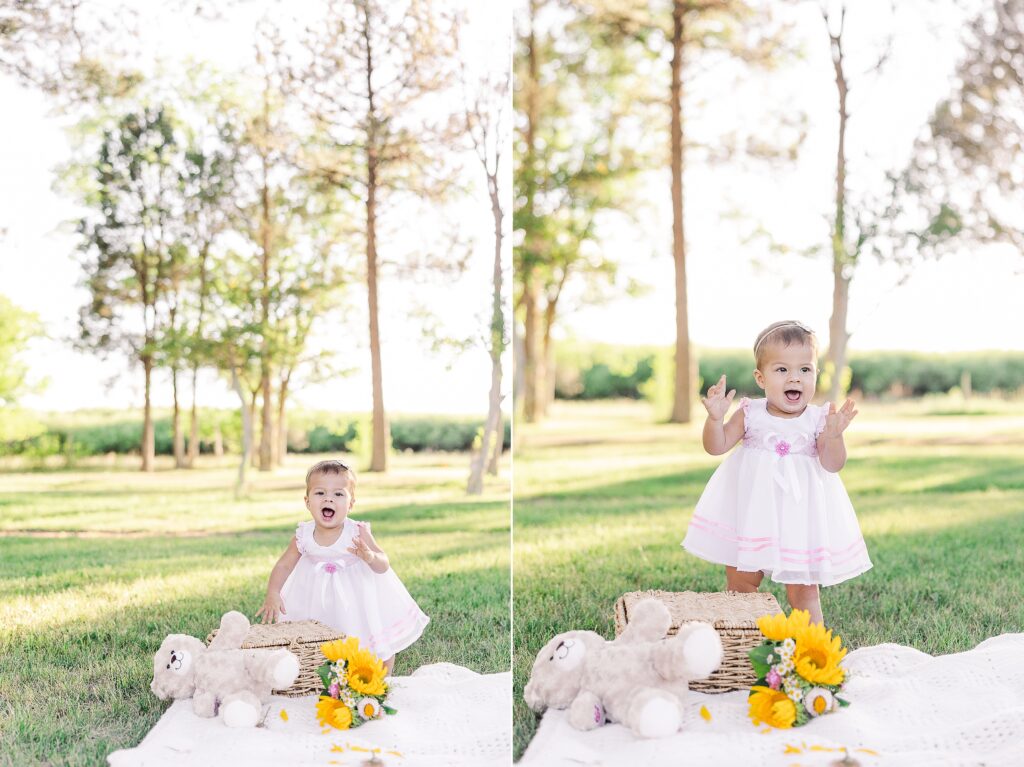 One year old photos in the park with teddy bear, tea basket and flowers 