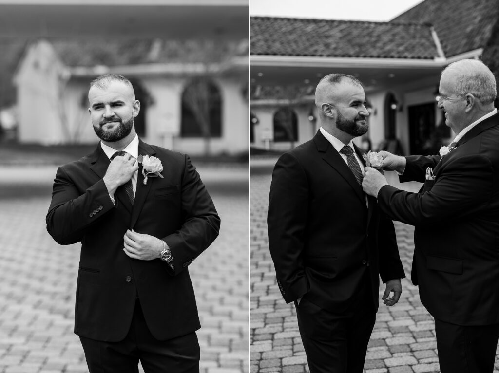 black and white groom portraits
groom detail images
perona farms nj wedding venue
new jersey wedding photographer
nj grooms
groom and dad 
boutonnière shot 
