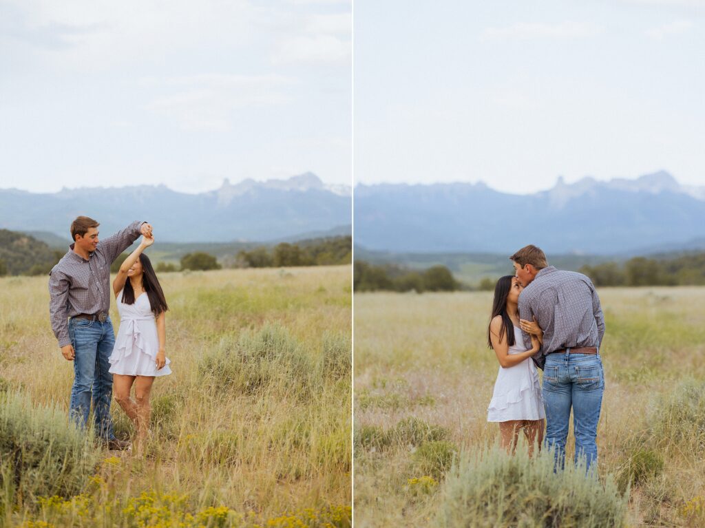 fun engagement photos with couple in San Juan Mountains

candid laughing moments during Colorado mountain engagement session

playful engagement photos in mountain setting