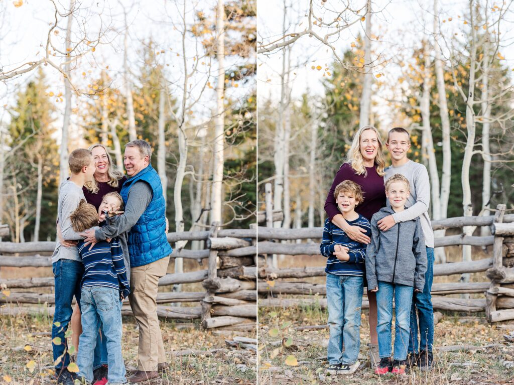 golden aspen family photos
brothers laughing in fall trees
davewood road family session
golden aspens in western colorado
family portraits with fall colors