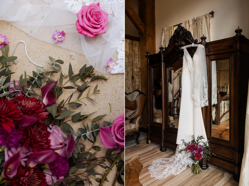 bridal suite wedding dress detail in Ouray Colorado with natural light