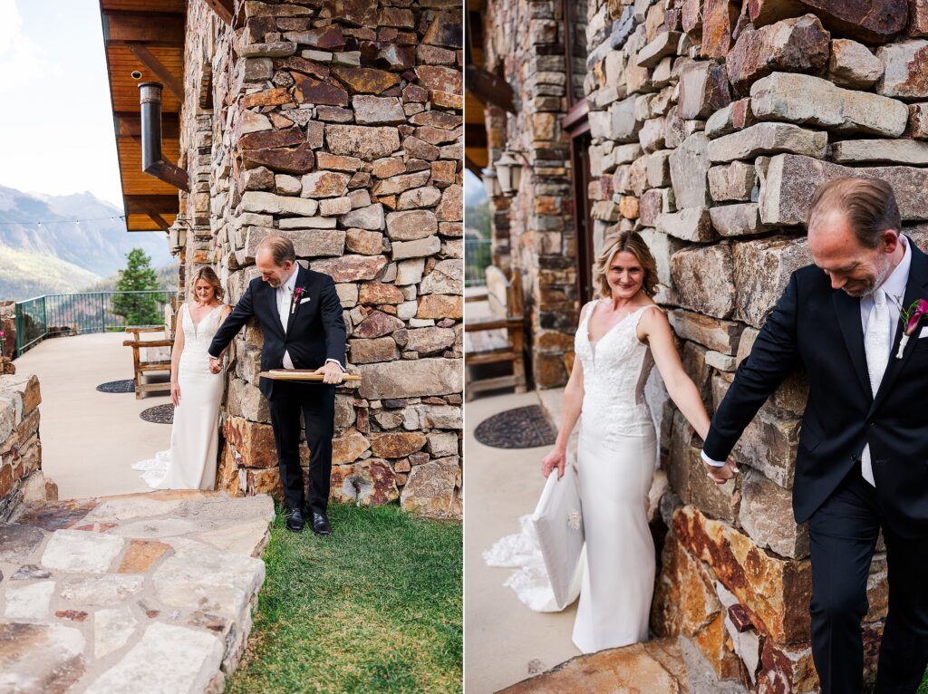 bride and groom share first touch during Gold Mountain wedding