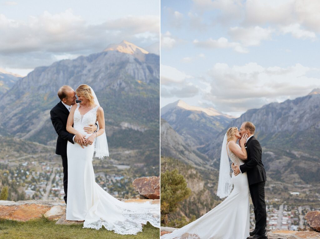 bride and groom portraits at Gold Mountain Ouray wedding with mountain views