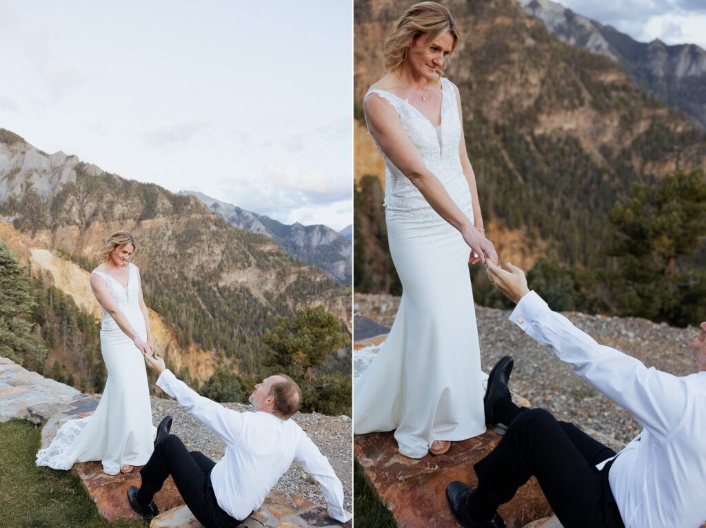 sunset portraits at Gold Mountain Ouray wedding with glowing mountains
