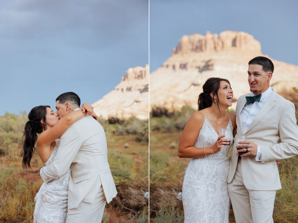 sunset wedding photos in Moab Utah with red rock glow
golden hour at Red Earth Venue wedding in Moab Utah
couple in warm desert sunset light during Moab wedding