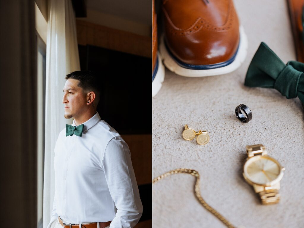 groom getting ready in Moab Utah before wedding ceremony