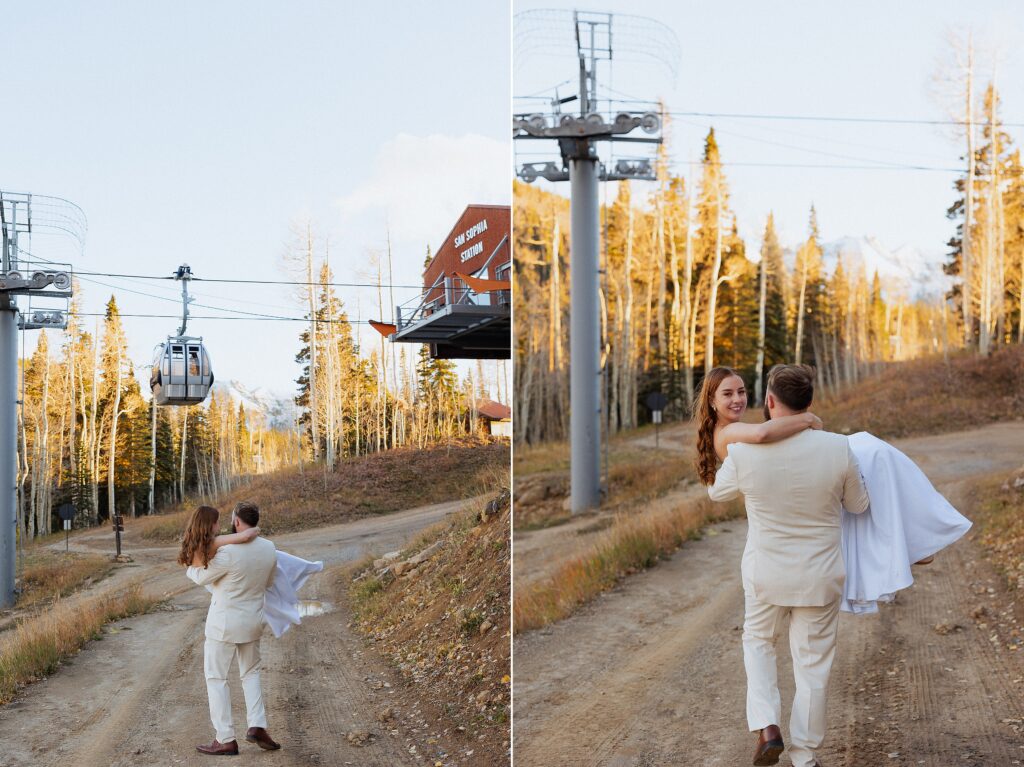 Sunset portraits during a Telluride elopement in the mountains under gondolas