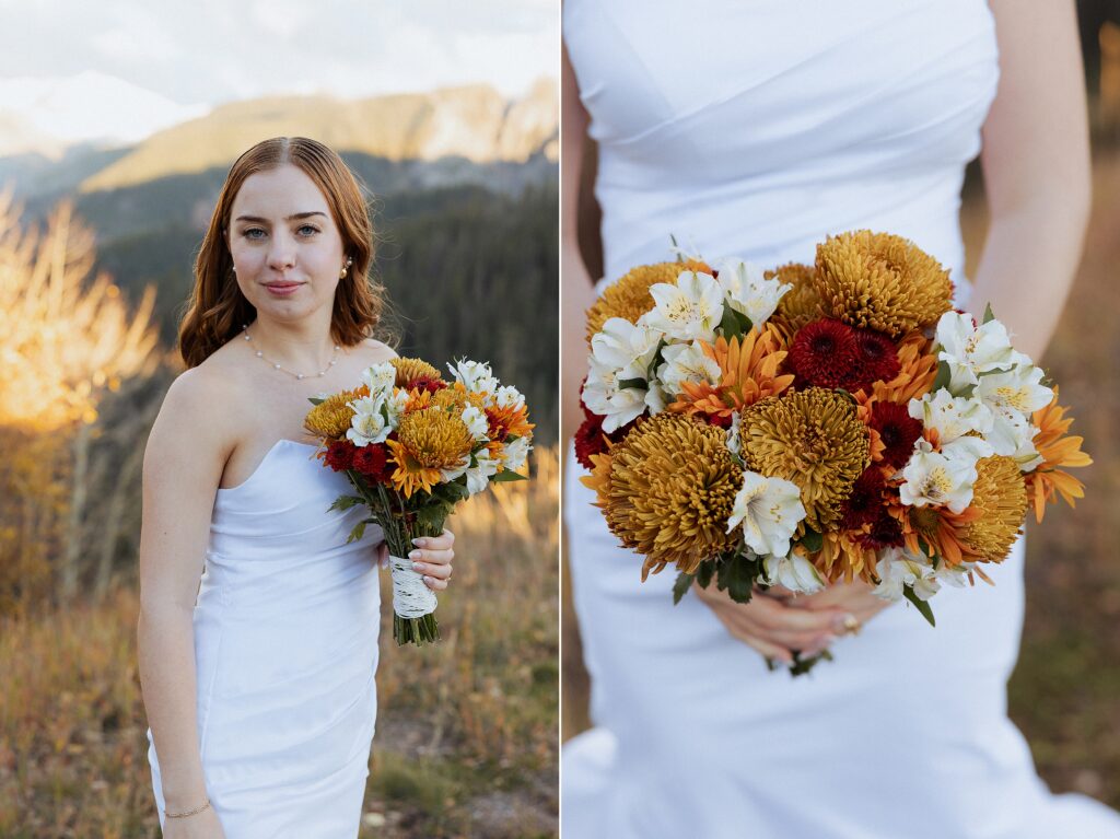 Bridal bouquet with mountain backdrop at Telluride elopement