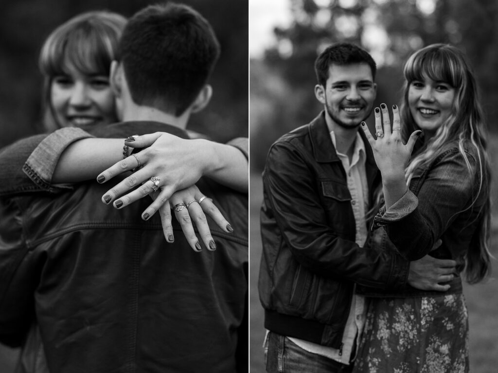 engagement ring moment during Dennis Weaver Park proposal

couple embracing after proposal in Ridgway Colorado

newly engaged couple celebrating at Dennis Weaver Park