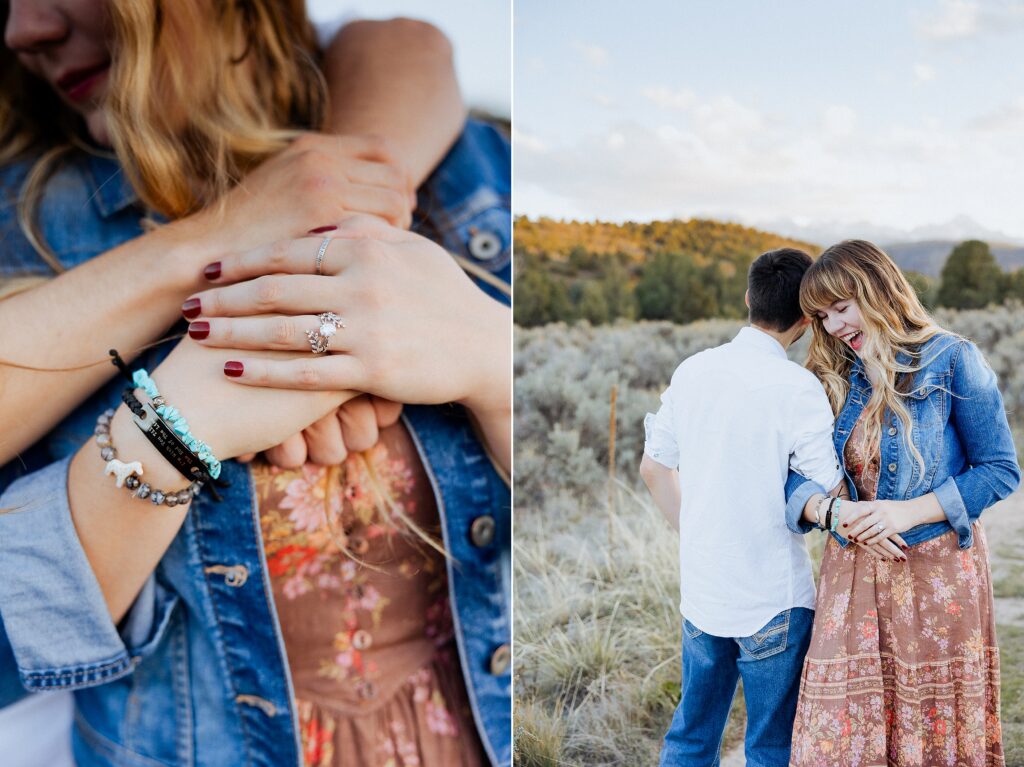 engagement ring moment during Dennis Weaver Park proposal

couple embracing after proposal in Ridgway Colorado

newly engaged couple celebrating at Dennis Weaver Park