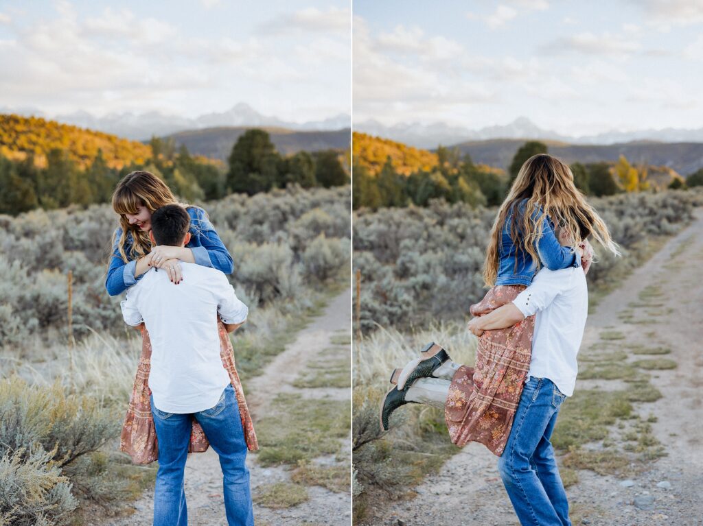 fun engagement photos with playful couple in Ridgway Colorado

couple laughing during engagement session at Dennis Weaver Park

candid engagement photos in Ridgway Colorado