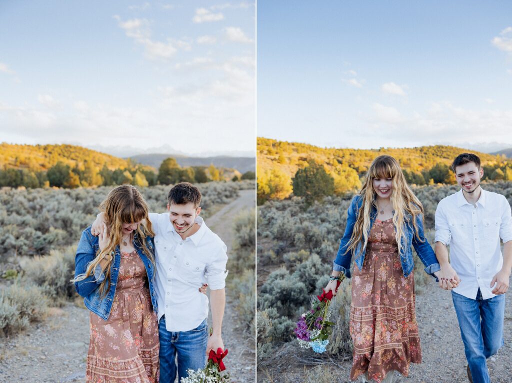fun engagement photos with playful couple in Ridgway Colorado

couple laughing during engagement session at Dennis Weaver Park

candid engagement photos in Ridgway Colorado