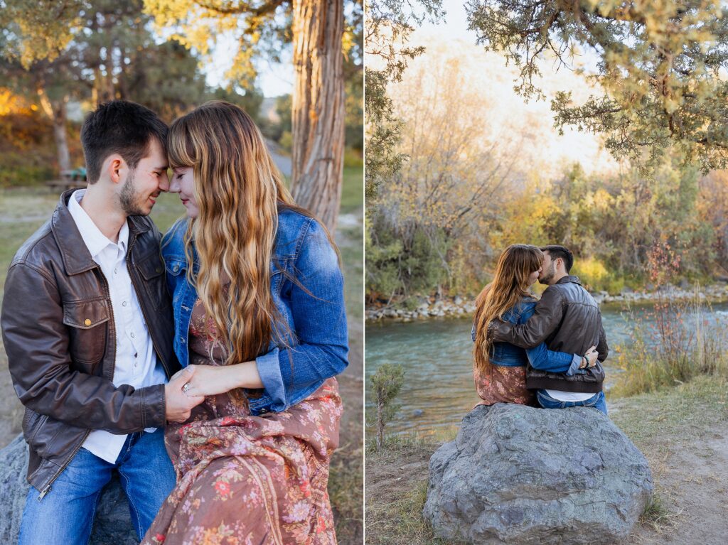 surprise proposal at Dennis Weaver Park in Ridgway Colorado

man proposing to girlfriend at Dennis Weaver Park engagement session

emotional proposal moment in Ridgway Colorado park

bride reaction during surprise proposal at Dennis Weaver Park