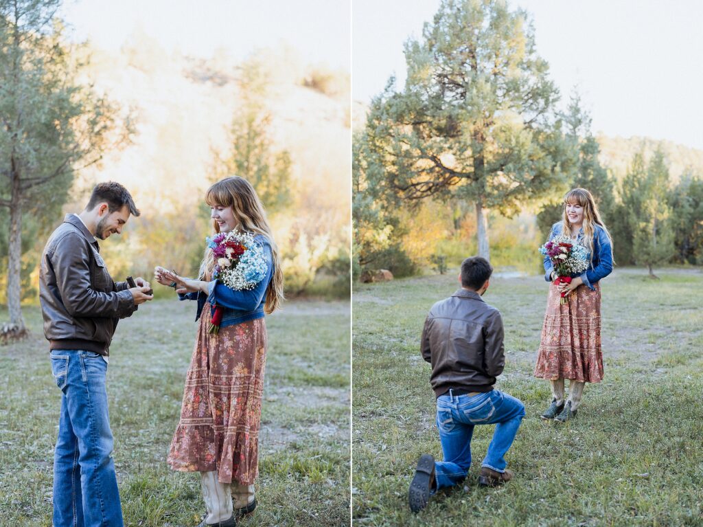 surprise proposal at Dennis Weaver Park in Ridgway Colorado

man proposing to girlfriend at Dennis Weaver Park engagement session

emotional proposal moment in Ridgway Colorado park

bride reaction during surprise proposal at Dennis Weaver Park