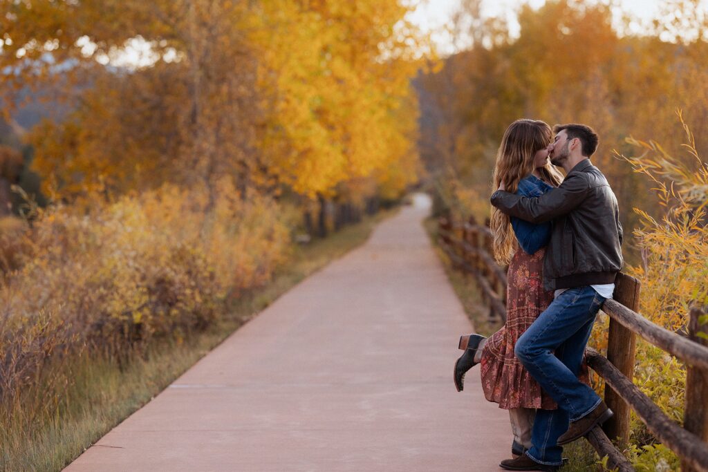 Dennis Weaver Park engagement photos with mountain views

couple in open field during Ridgway Colorado engagement session

scenic engagement photos in Western Colorado landscape
