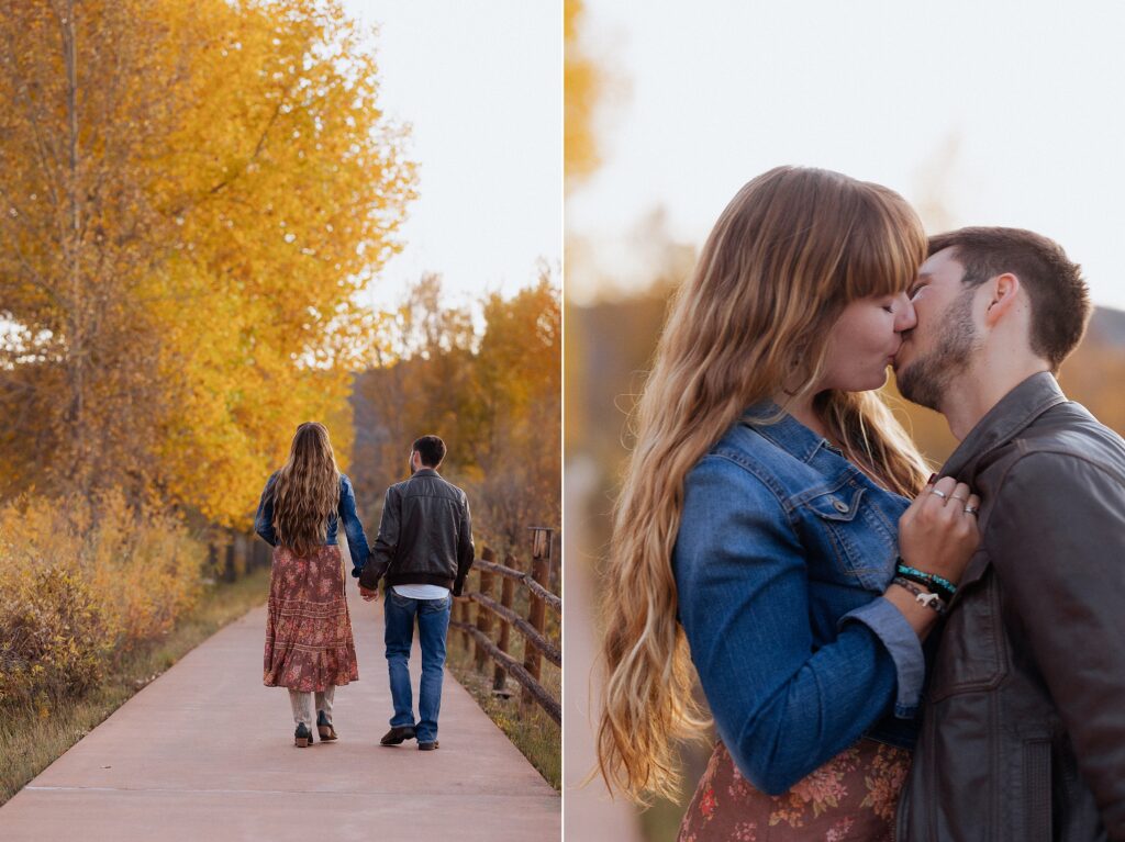 engagement ring moment during Dennis Weaver Park proposal

couple embracing after proposal in Ridgway Colorado

newly engaged couple celebrating at Dennis Weaver Park