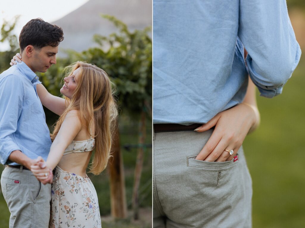 engagement ring during vineyard proposal in Palisade Colorado

bouquet and details from Palisade vineyard engagement session

close up engagement details at Clark and Co Distilling