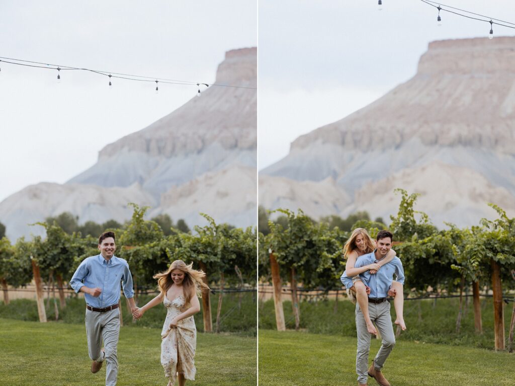 couple laughing during Palisade vineyard engagement session

fun candid engagement photos at Clark and Co Distilling

playful couple moments in vineyard engagement session