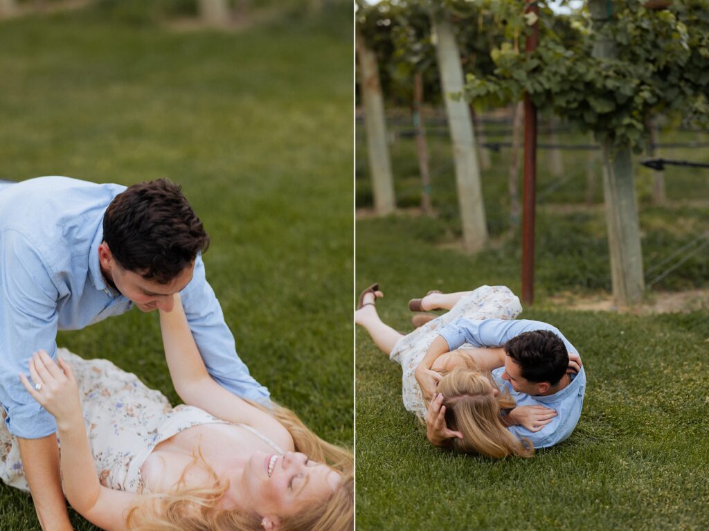 couple laughing during Palisade vineyard engagement session

fun candid engagement photos at Clark and Co Distilling

playful couple moments in vineyard engagement session