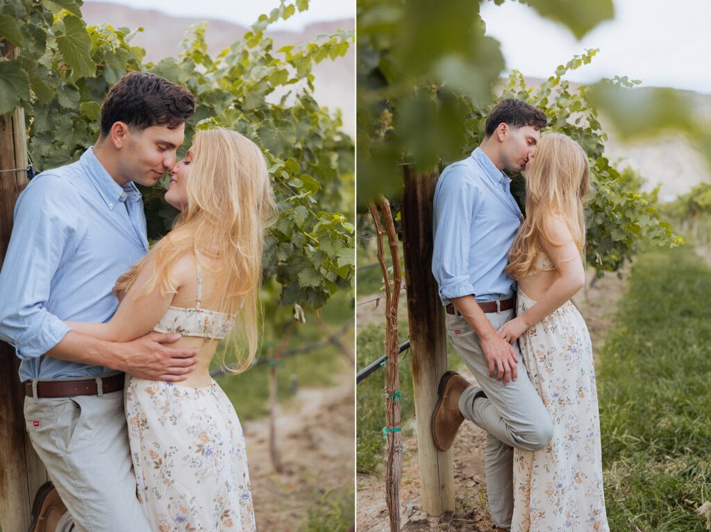 engagement photos at Clark and Co Distilling vineyard in Palisade

couple walking through vineyard during Palisade Colorado engagement session

romantic vineyard engagement photos in Palisade Colorado

bride and groom among vines at Clark and Co Distilling