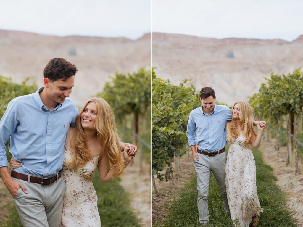 engagement photos at Clark and Co Distilling vineyard in Palisade

couple walking through vineyard during Palisade Colorado engagement session

romantic vineyard engagement photos in Palisade Colorado

bride and groom among vines at Clark and Co Distilling