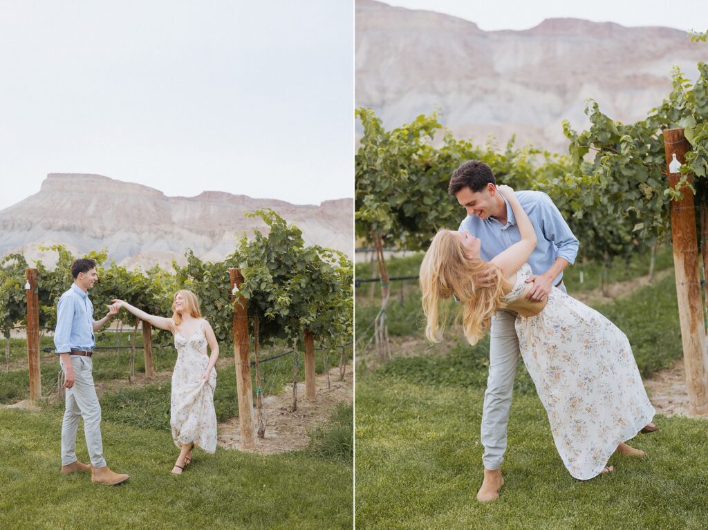 couple laughing during Palisade vineyard engagement session

fun candid engagement photos at Clark and Co Distilling

playful couple moments in vineyard engagement session