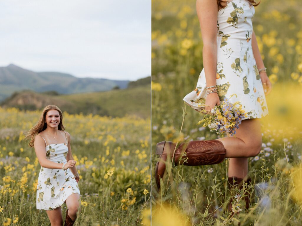 Senior girl walking through wildflowers in Crested Butte Colorado